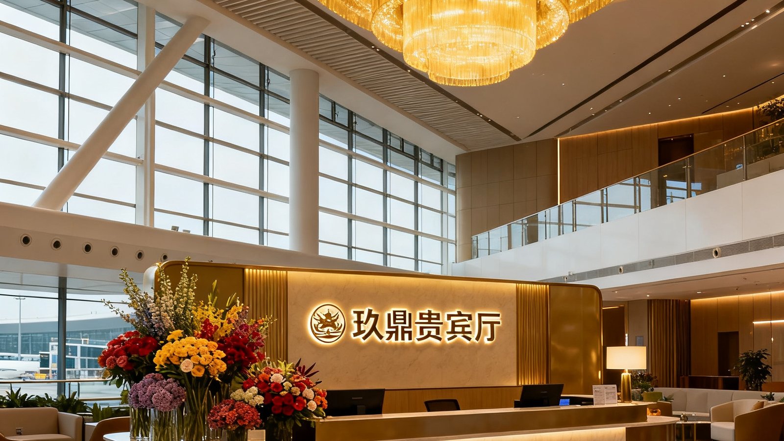 玖鼎贵宾厅广州白云国际机场T2航站楼主接待大厅，挑高设计搭配暖金色吊灯，前台区域摆放着新鲜花艺与品牌标识