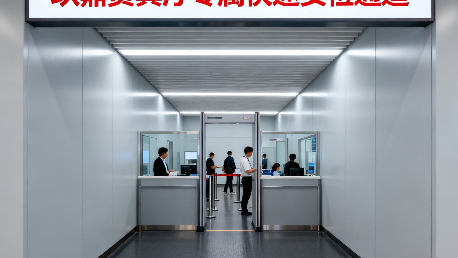 玖鼎贵宾厅专属快速安检通道入口，标识清晰醒目，旅客无须排长队即可通过独立安检区域