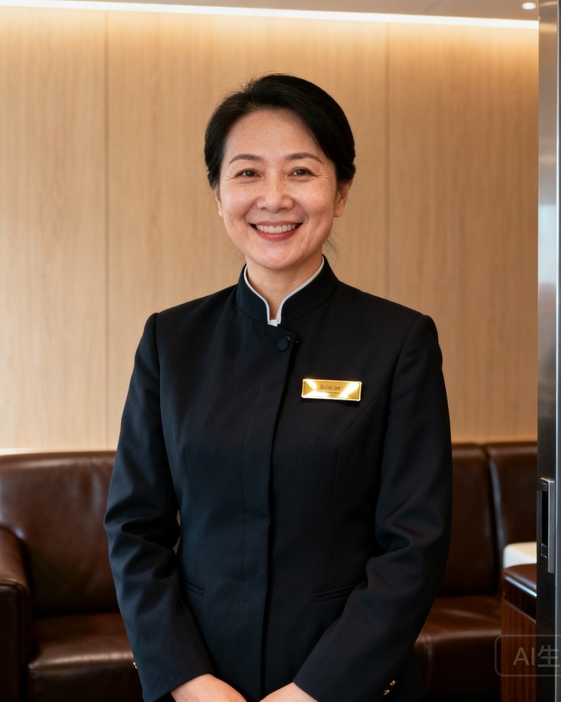 玖鼎贵宾厅资深礼宾专员陈敏华身着深色制服，面带微笑站立在贵宾休息室入口处，胸前佩戴金色名牌