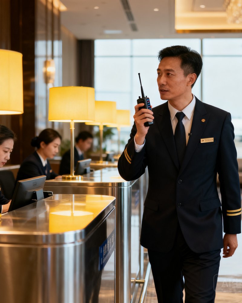 玖鼎贵宾厅礼宾团队主管李明远在专属值机柜台区域巡视，手持对讲设备协调各岗位工作