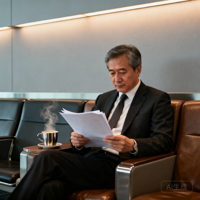 一位中年商务男士在机场贵宾厅内阅读文件，手边放着一杯咖啡，神情专注而放松