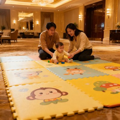 一对带着幼儿的年轻夫妇在贵宾厅儿童游乐区陪伴孩子玩耍，地面铺设柔软的安全垫
